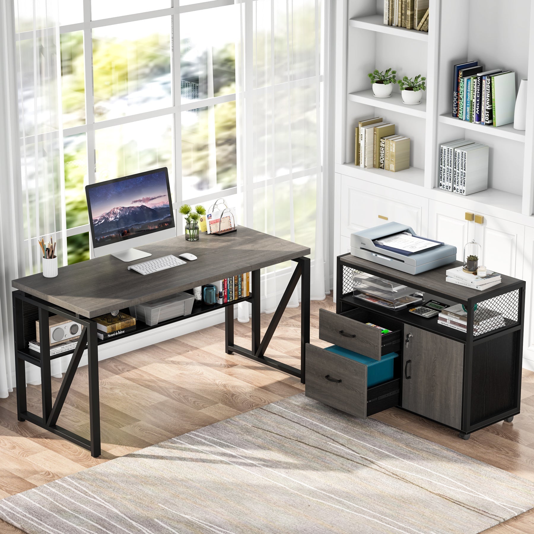 55" L-Shaped Executive Desk with Storage Shelves and Mobile File Cabinet Tribesigns
